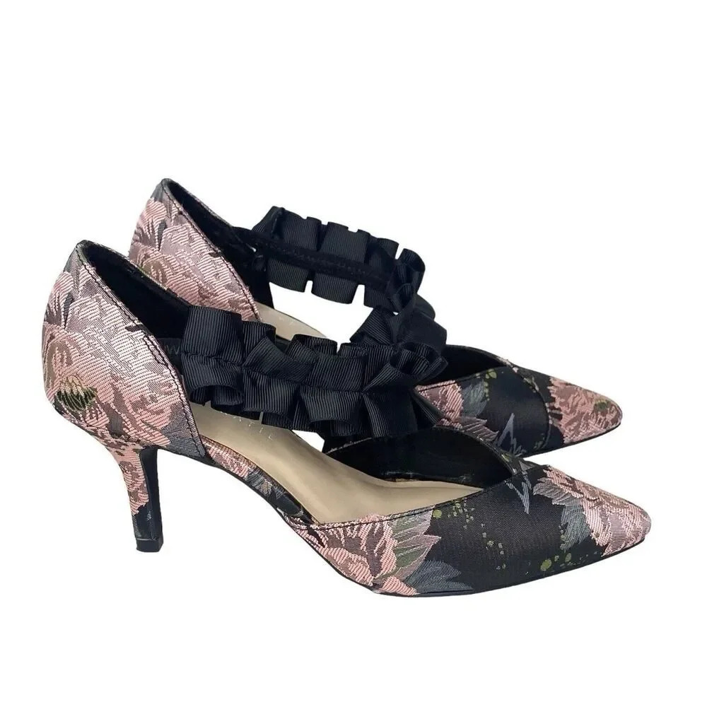 Kelly & Katie Black and Pink Floral Pointed-Toe Heels with Ruffle Ankle Strap